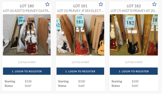 Screenshot of online auction catalog in which Peavey unloaded guitars and amps in bulk.